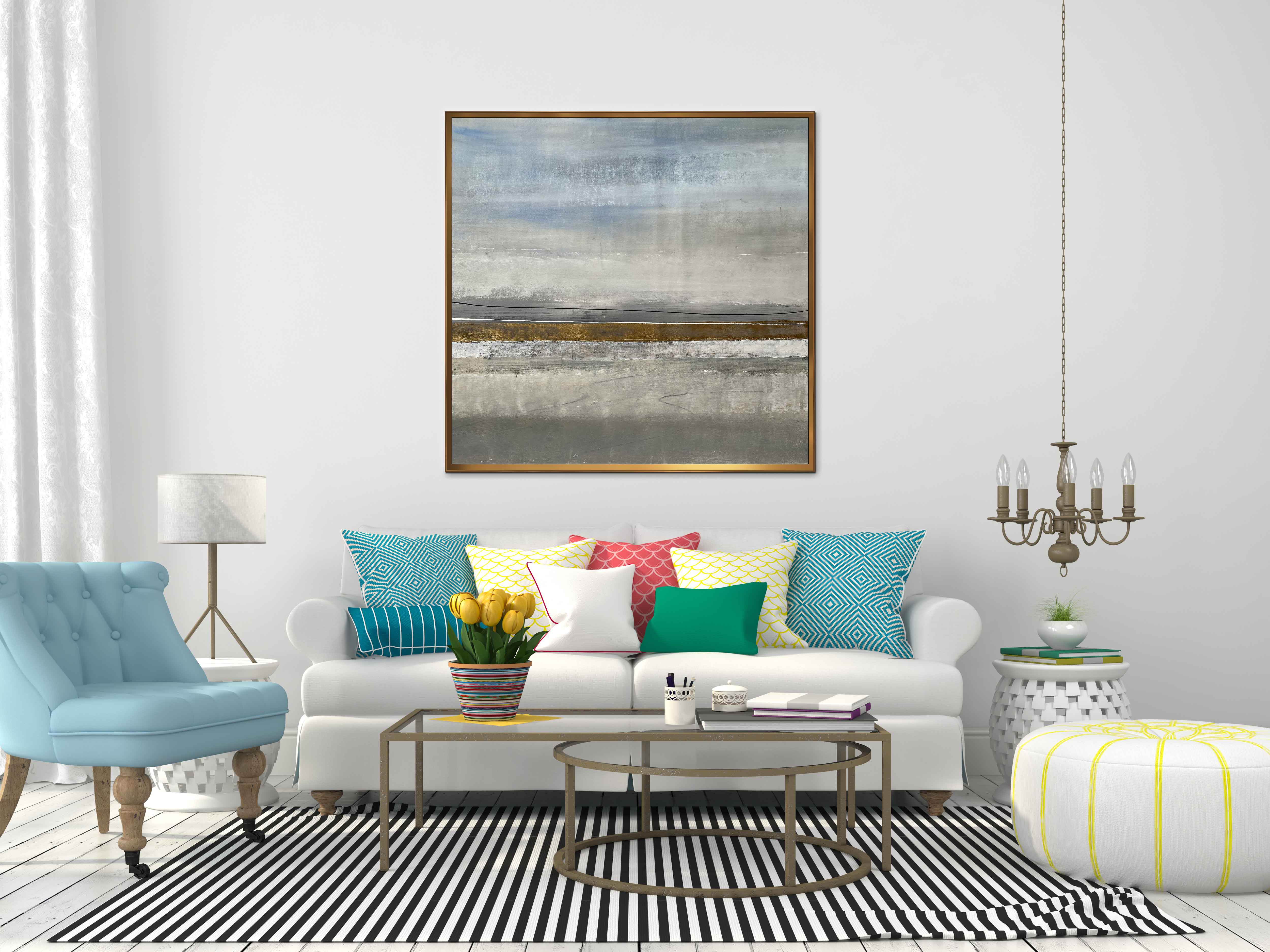 Spring Field - Abstract art category - White sofa background - Golden frame style