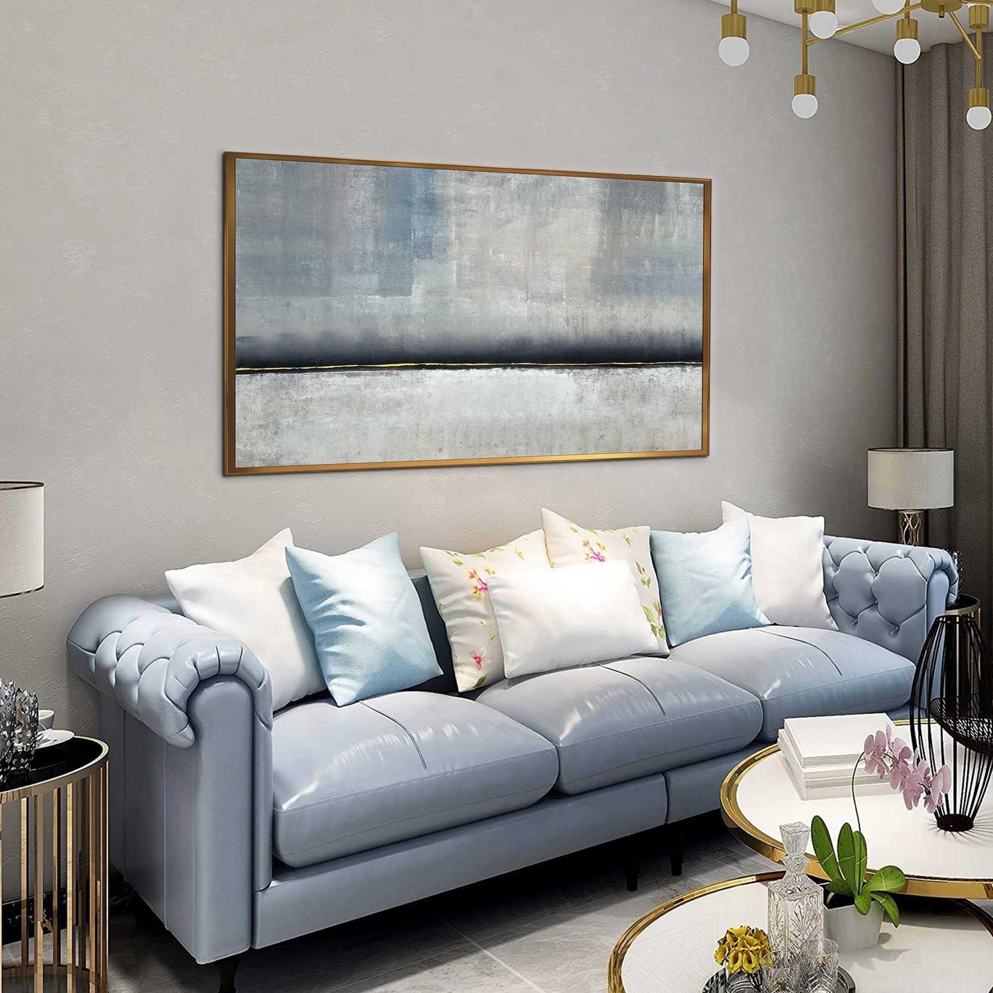 Stillness - Abstract art category - blue sofa living room background - gold metal frame