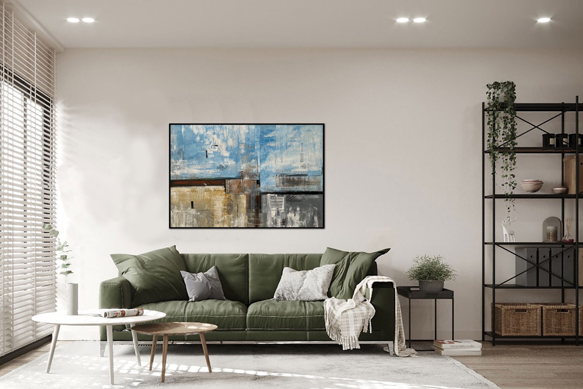 Summer Day - Abstract art category - green sofa living room display - black frame style