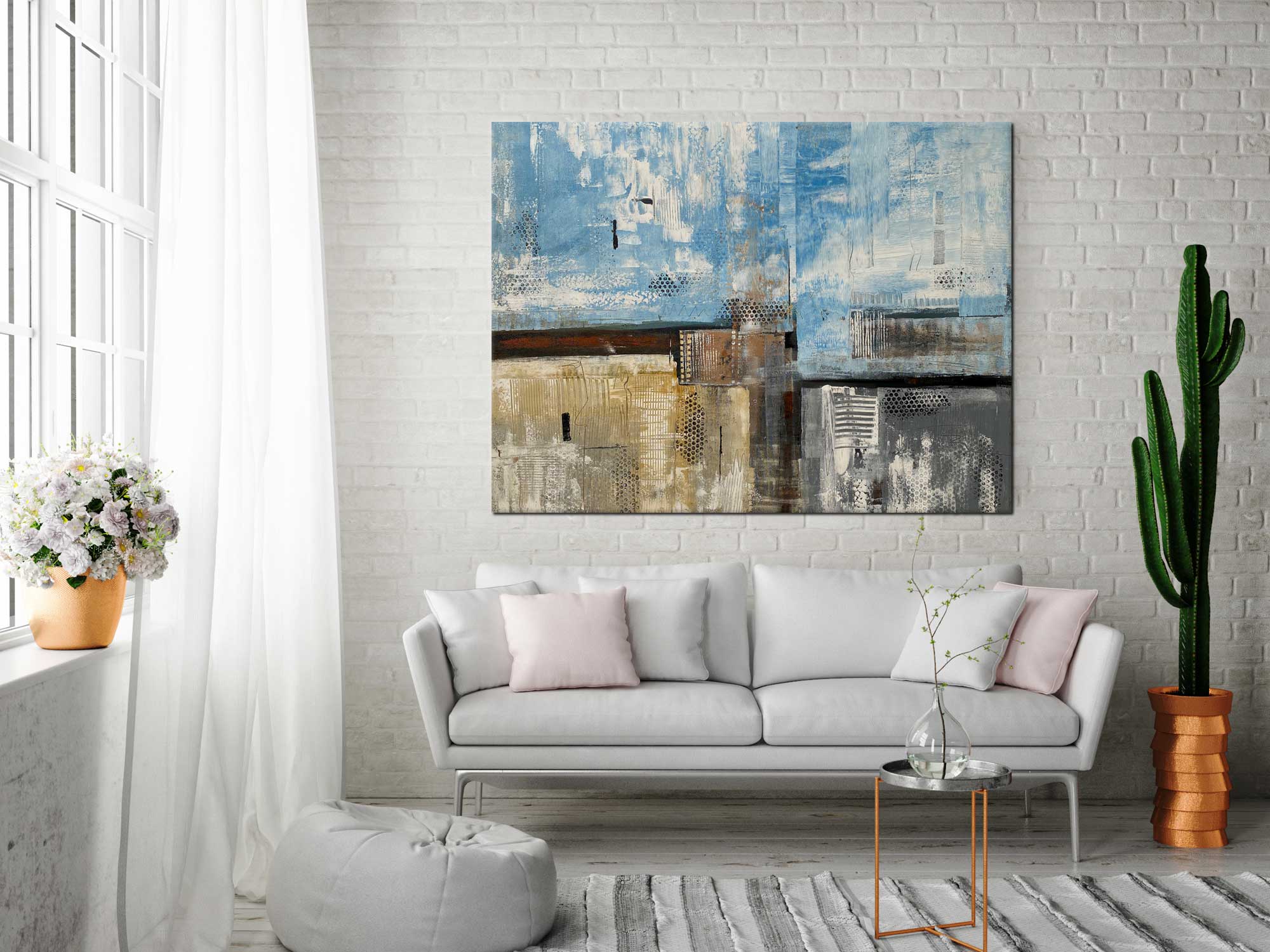 Summer Day - Abstract art category - light grey sofa brick wall display - gallery wrap style