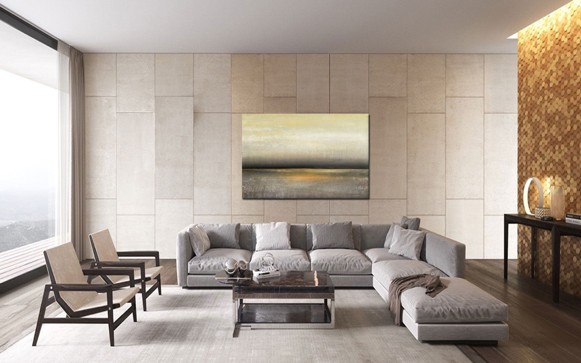 Sunset - Abstract art category - grey modern sofa large living room background - gallery wrap style