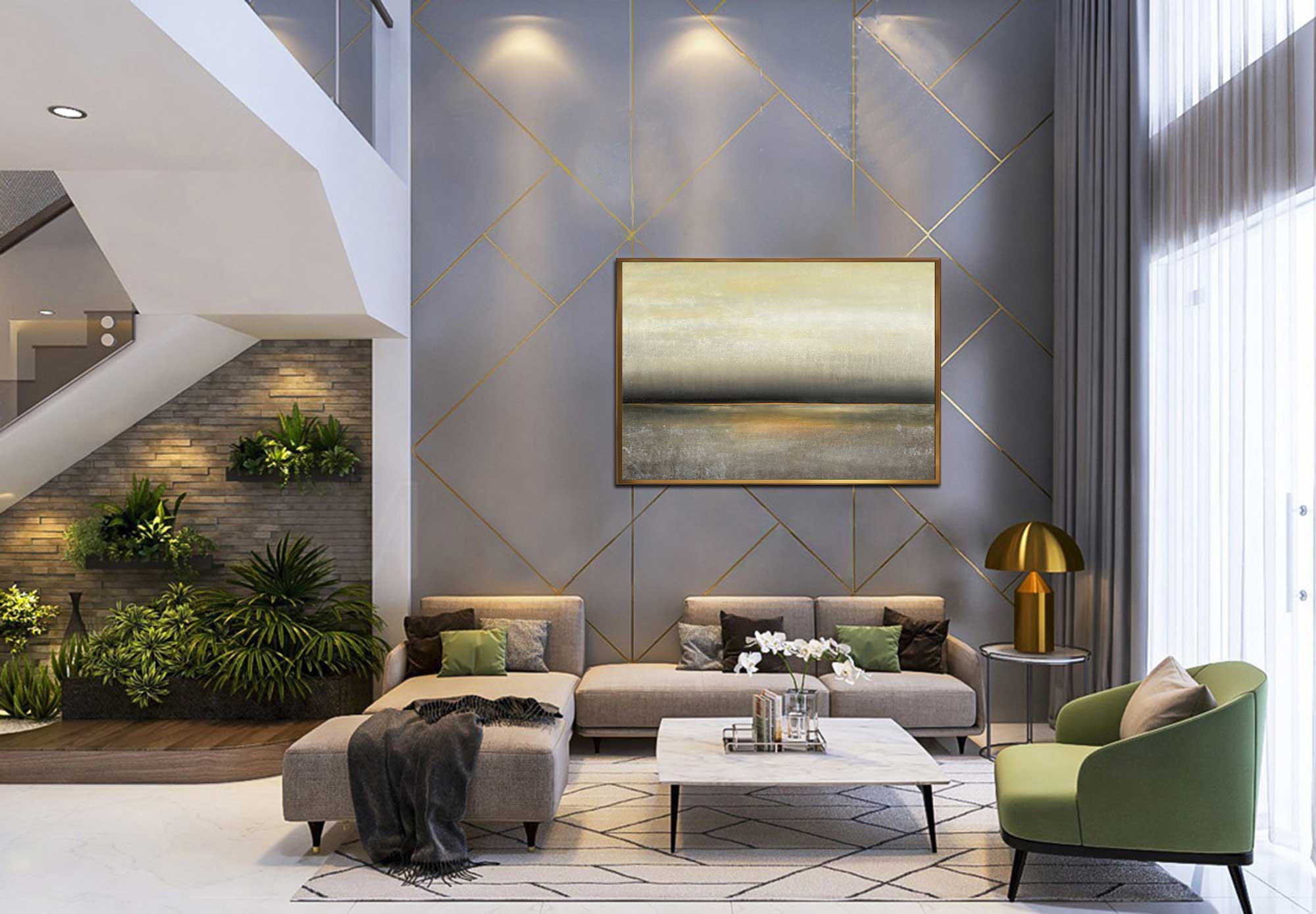 Sunset - Abstract art category - large wall background - golden frame style