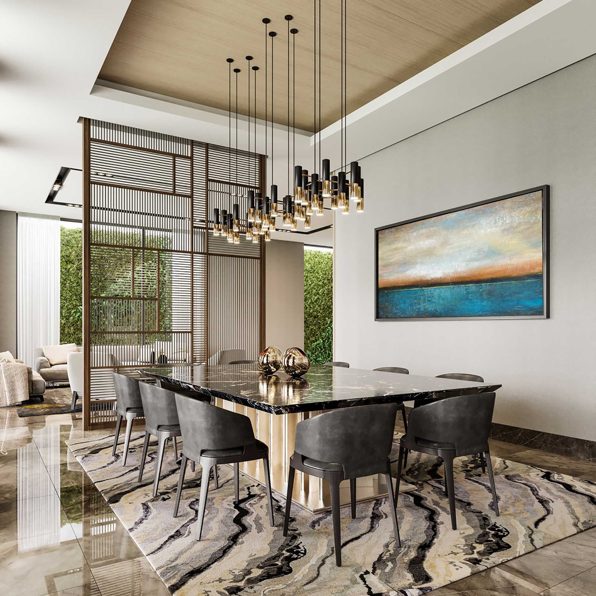 Sunset Horizon - Seascape art category - modern dining room background - black frame