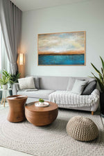 Sunset Horizon - Seascape art category - grey sofa living room side view - wooden frame