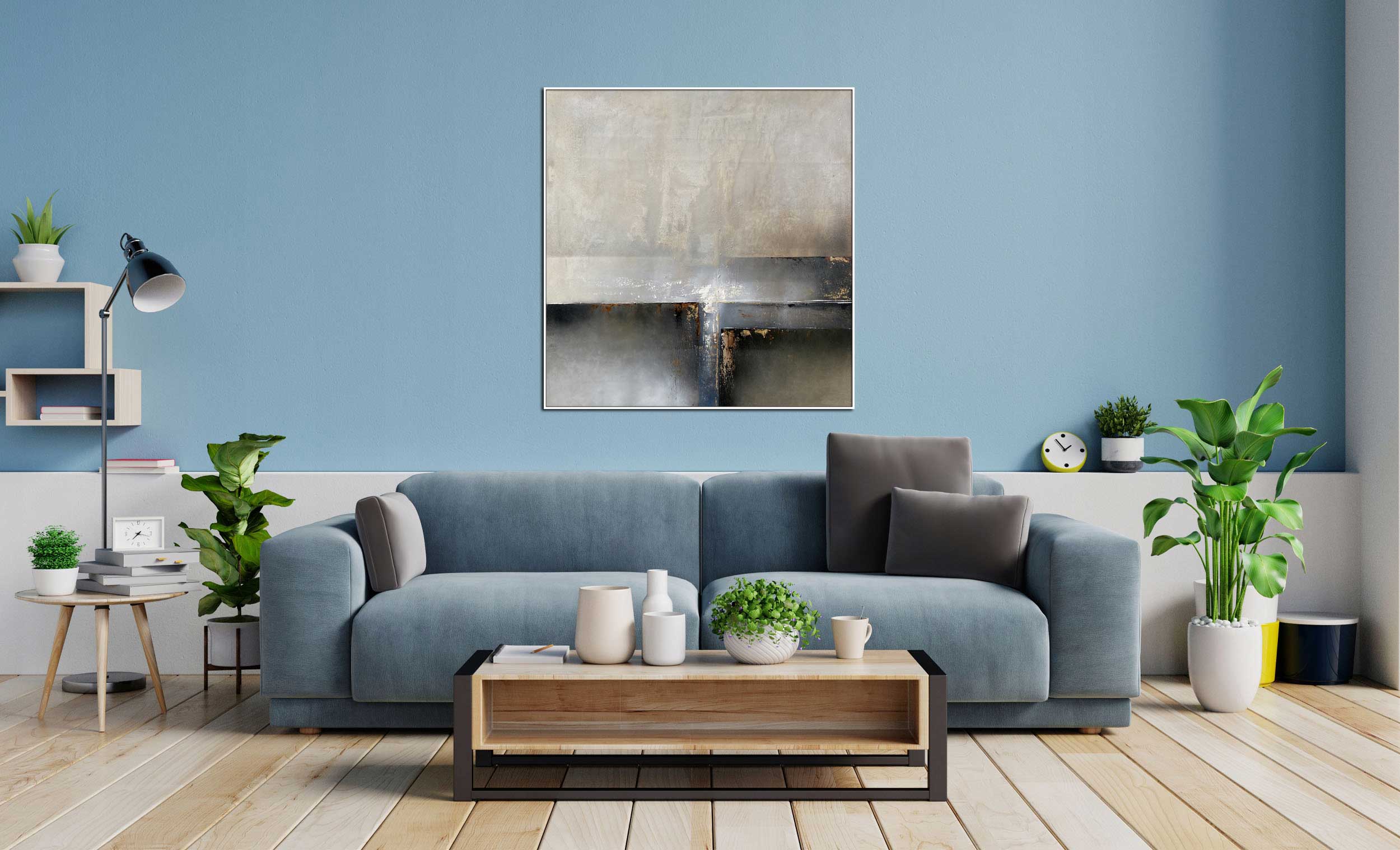The Pathway - Abstract art category - Blue sofa background - white frame style