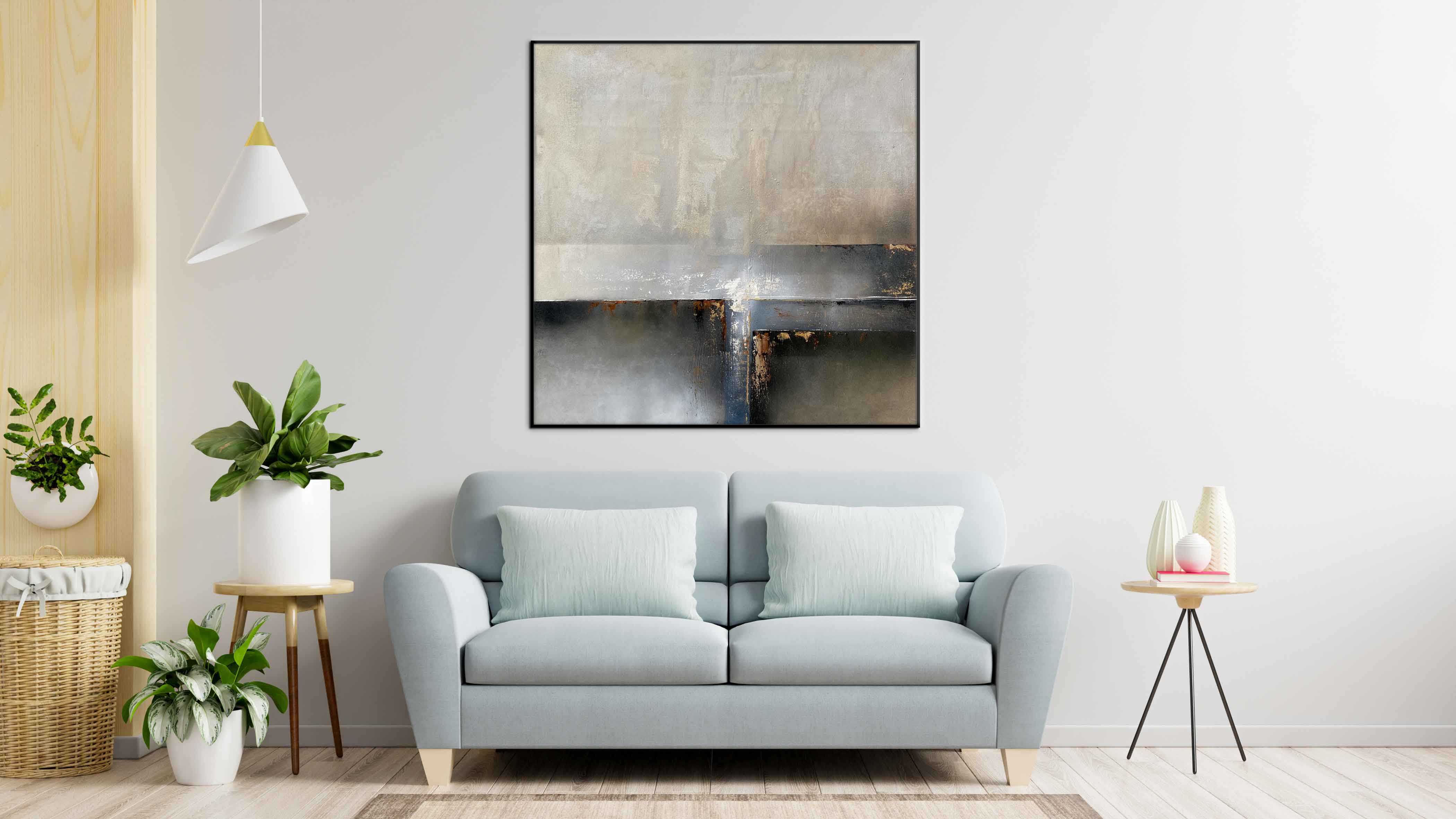 The Pathway - Abstract art category - Light Blue sofa background - black frame style