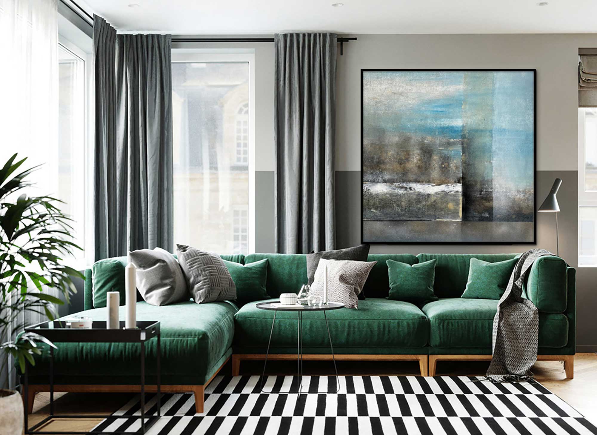 Underwater - Abstract art category - Green sofa background - black frame style