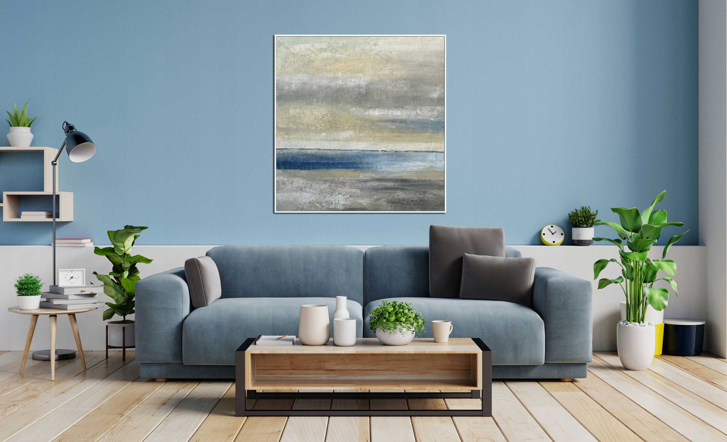 Venus - Abstract art category - Blue sofa background - white frame style