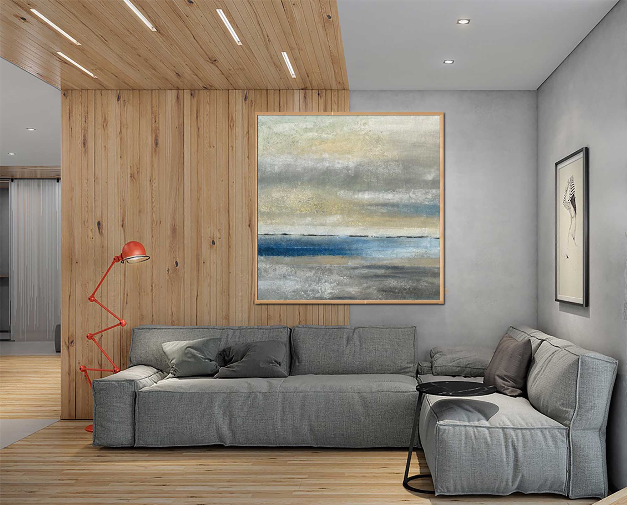 Venus - Abstract art category - wooden floor and ceiling panel - grey sofa - wooden frame style