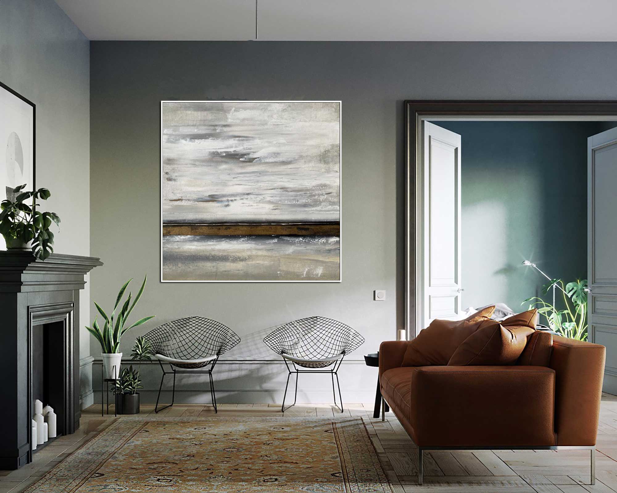 Winter Field - Abstract art category - Modern brown sofa background - white frame style