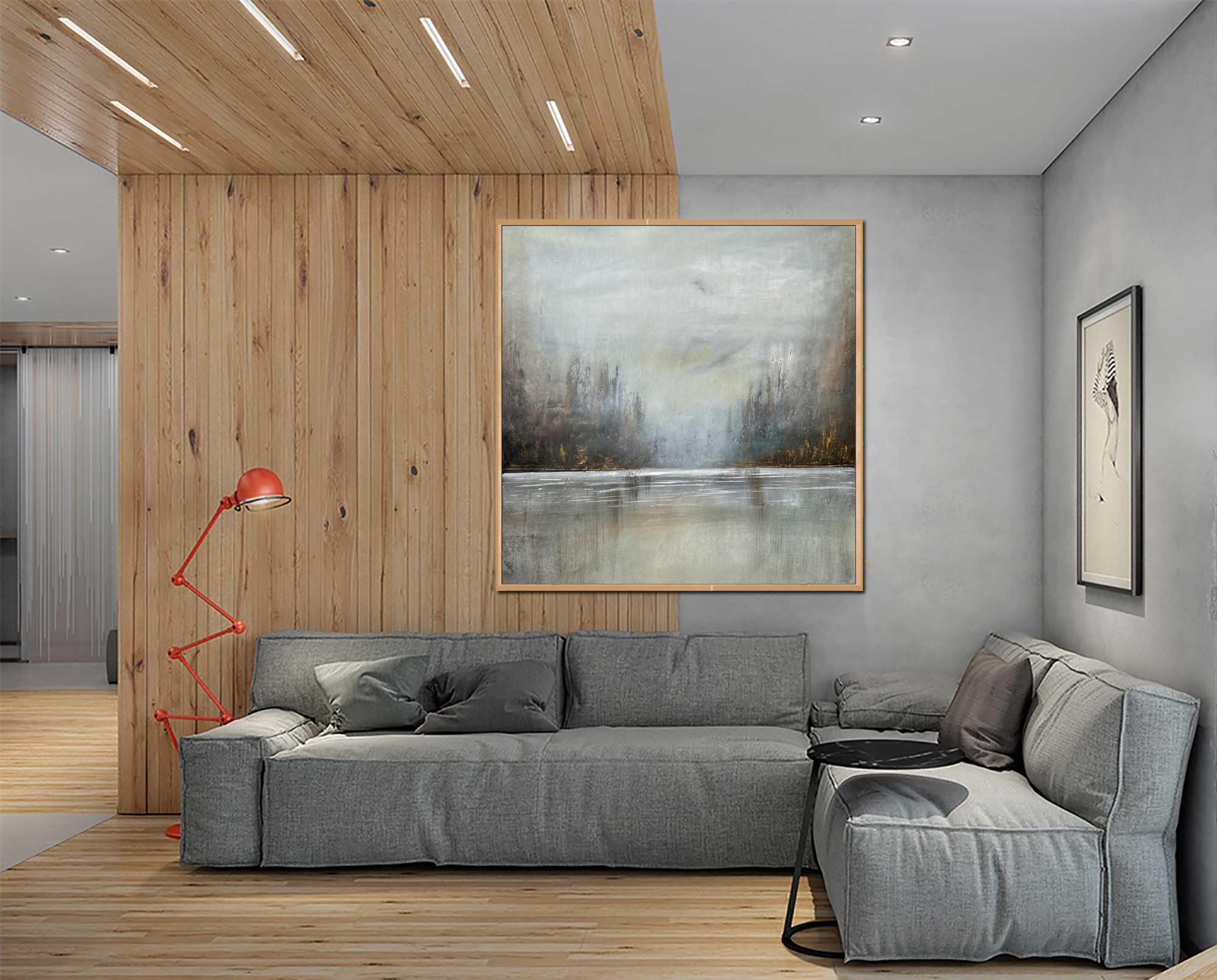 Winter Forest - Abstract art category - wooden floor and ceiling panel - grey sofa - wooden frame style