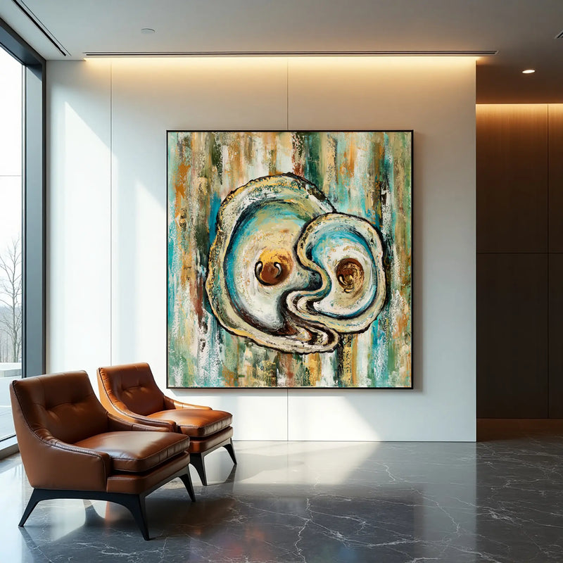 Abstract painting of a yin and yang symbol in a modern interior setting with leather chairs.