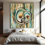 Abstract painting of a yin and yang symbol in a modern bedroom.