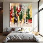 Bloom in Motion green and red abstract painting displayed above a contemporary bedroom