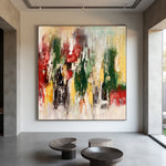Bloom in Motion multicolour abstract painting with green and red gestural strokes in a modern interior
