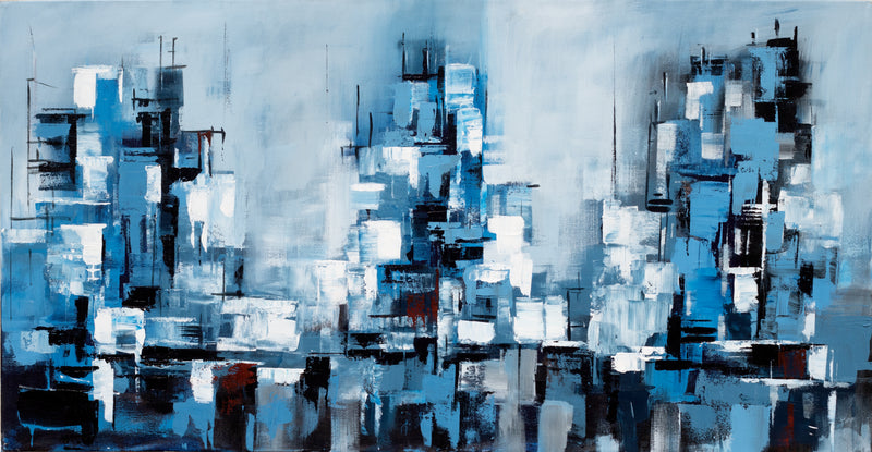 Blue Metropolis wide blue abstract cityscape painting with layered architectural blocks, skyline-like forms and reflective horizontal bands