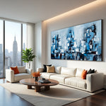 Blue Metropolis abstract cityscape painting with cobalt and navy architectural forms above a contemporary sofa