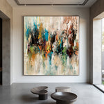 Distant Gathering large textured abstract artwork with layered turquoise, charcoal and rust tones in a modern interior