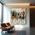 Distant Gathering multicolour abstract painting with expressive clustered marks beside modern leather chairs