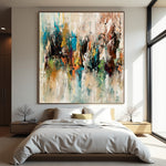 Distant Gathering textured abstract painting with turquoise, black, rust and ochre marks above a modern bed