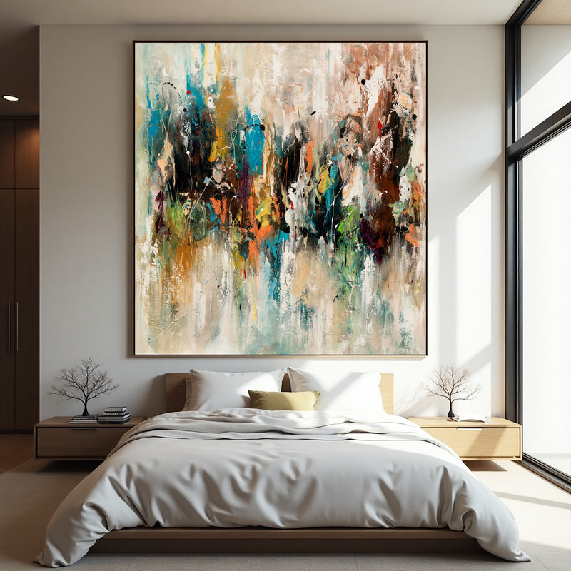 Distant Gathering textured abstract painting with turquoise, black, rust and ochre marks above a modern bed