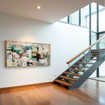 Earth and Echo neutral abstract painting with cream, grey and turquoise layers above a modern bed
