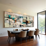 Earth and Echo neutral textured abstract painting displayed above a modern dining table