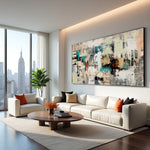 Earth and Echo neutral textured abstract painting displayed beside a modern staircase