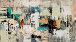 Earth and Echo neutral textured abstract painting with cream, beige, grey, black and turquoise layered marks