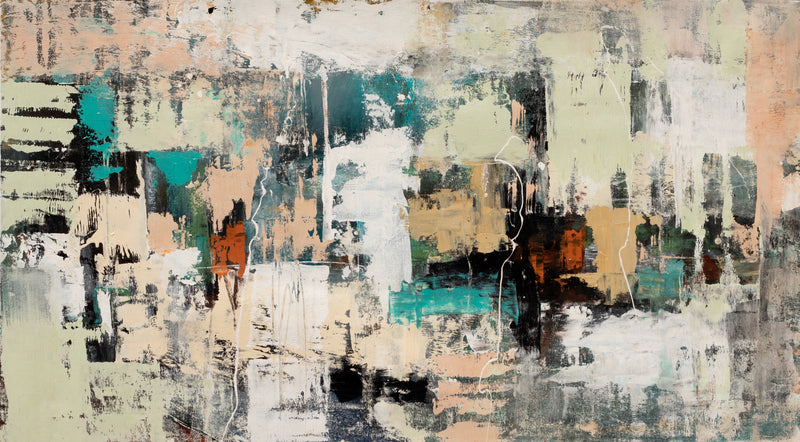 Earth and Echo neutral textured abstract painting with cream, beige, grey, black and turquoise layered marks