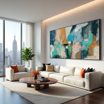 Large Fading Terrains abstract painting with teal, peach and ochre forms in a modern living room