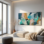 Fading Terrains muted teal abstract artwork in a sunlit neutral interior