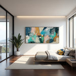 Fading Terrains horizontal teal abstract painting displayed above a modern bed