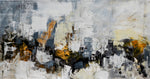 Golden Faultline abstract painting with a pale cream-grey textured ground and charcoal, blue-grey and ochre-gold marks