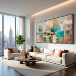 Muted Geometry colourful abstract painting in a high-rise living room with city views