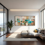 Muted Geometry geometric abstract canvas displayed above a bed in a bright modern bedroom