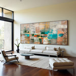 Muted Geometry geometric abstract painting above a white sofa in a modern living room