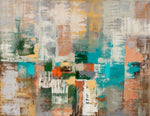 Muted Geometry colourful geometric abstract painting with layered cream, grey, turquoise, teal, orange, green and ochre forms.