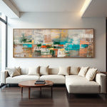 Muted Geometry oversized geometric abstract painting above a white sectional sofa