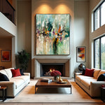 Soft Convergence textured abstract painting above a fireplace between two light sofas