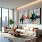 Quiet Divide textured abstract painting with teal and rust accents above a sofa in a bright city-view living room