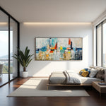 Skyline in Silence abstract cityscape painting with turquoise and orange accents above a modern bed