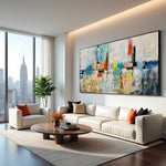 Large Skyline in Silence abstract cityscape painting displayed in a contemporary high-rise living room