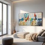 Skyline in Silence neutral abstract cityscape painting in a softly lit minimalist interior