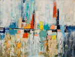 Skyline in Silence textured abstract painting with a dark horizontal line, pale layers and turquoise, blue, orange and yellow architectural-inspired forms