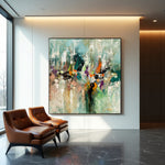 Soft Convergence textured abstract painting with teal, orange and purple accents beside modern leather chairs