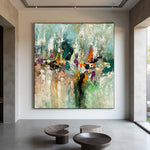 Soft Convergence large textured abstract painting with concentrated central marks in a modern interior