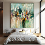 Soft Convergence soft-toned abstract painting with layered mint, cream, peach and teal brushwork above a bed