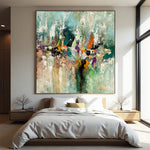 Soft Convergence textured abstract painting with pale aqua, teal, orange and black marks above a modern bed