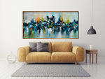 Bridge and the City - Cityscape art category - 2 seater sofa living room display - golden frame